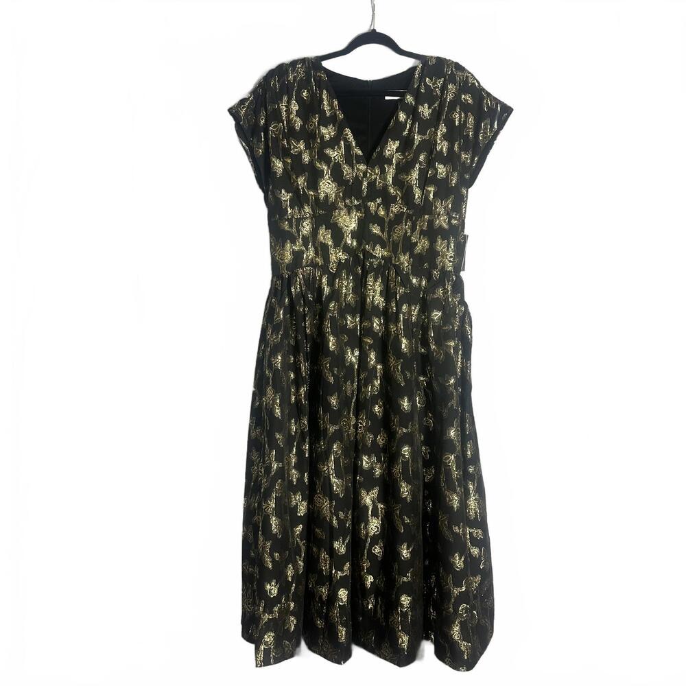 Taylor Plus Black and Gold foil Floral Midi Dress short sleeve size 14W